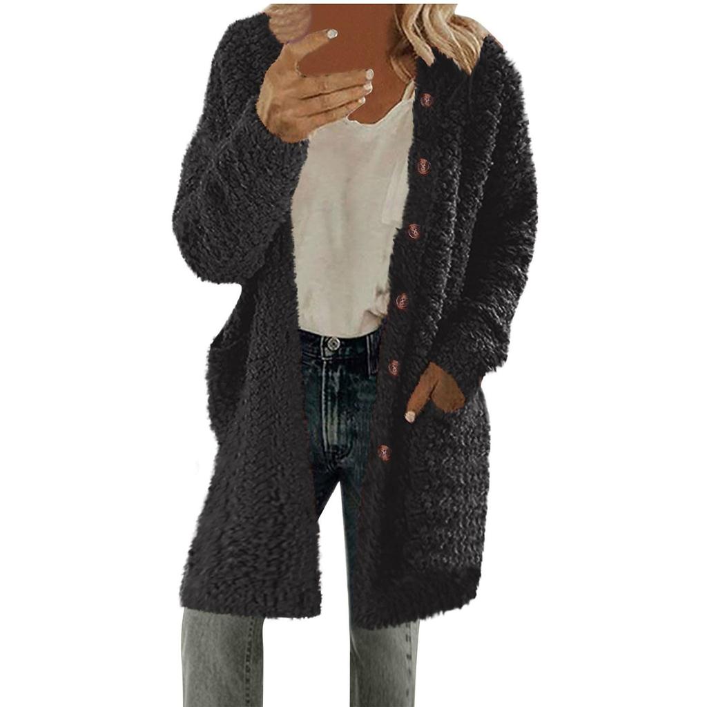 Women's Casual Solid Color Round Neck Long Sleeve Plush Casual  Jacket