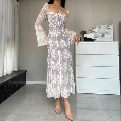 Bandage Dress Women Mesh Patchwork Square Collar Full Sleeve Stretch Robe Comfortable Trend Classic Long Bodycon
