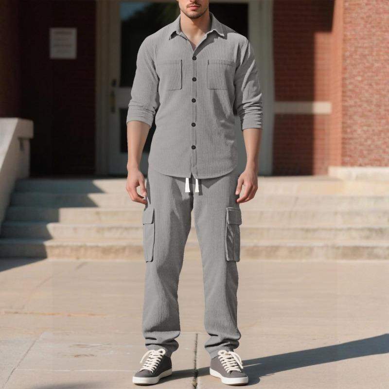 Men's Casual Sports Lapel Cardigan Jacket Long-sleeved Trousers Suit Loose Corduroy Work Suit