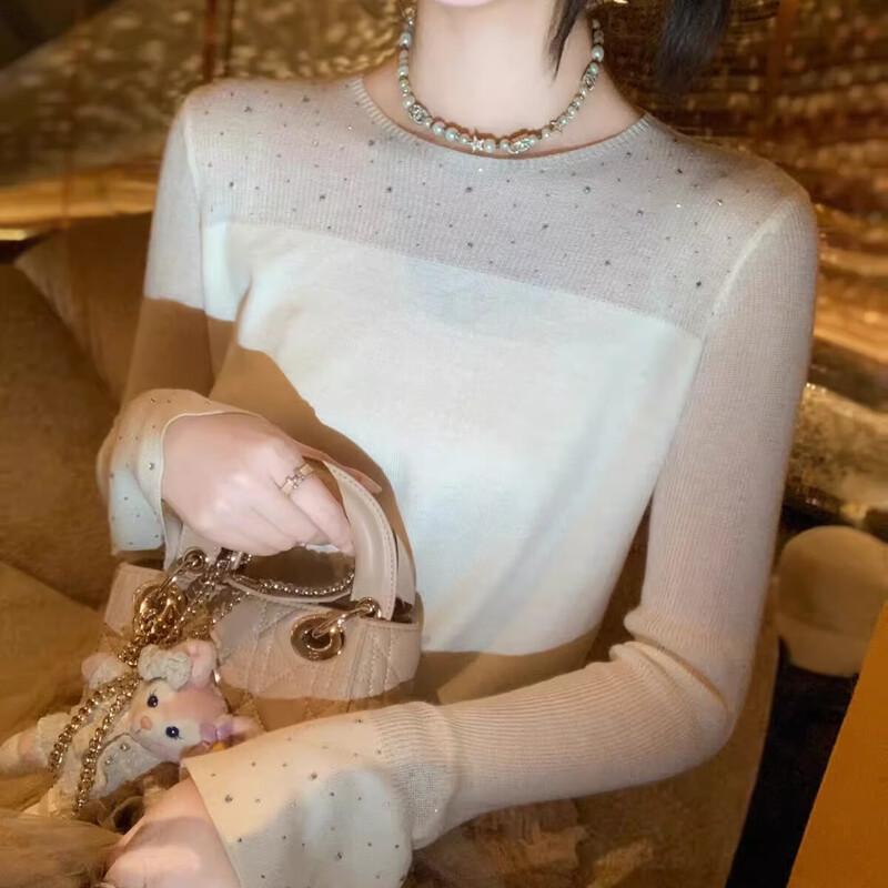 Women s Elegant Rhinestone Knitted Long-Sleeve Top S