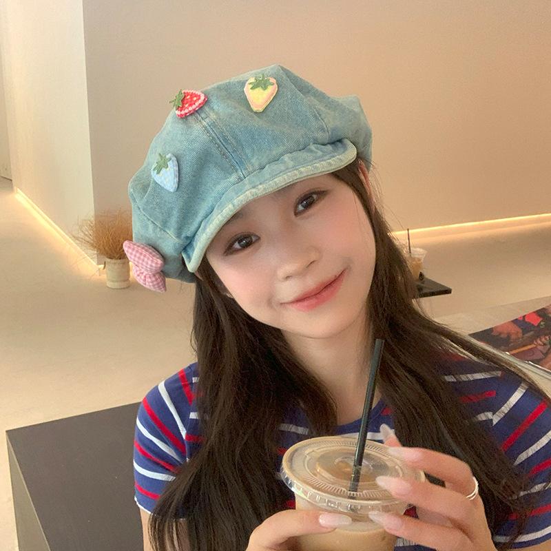 Women's Summer Thin Niche Design Japanese Sweet Bow Strawberry Star Anise Beret Face Small Cloud Painter Hat