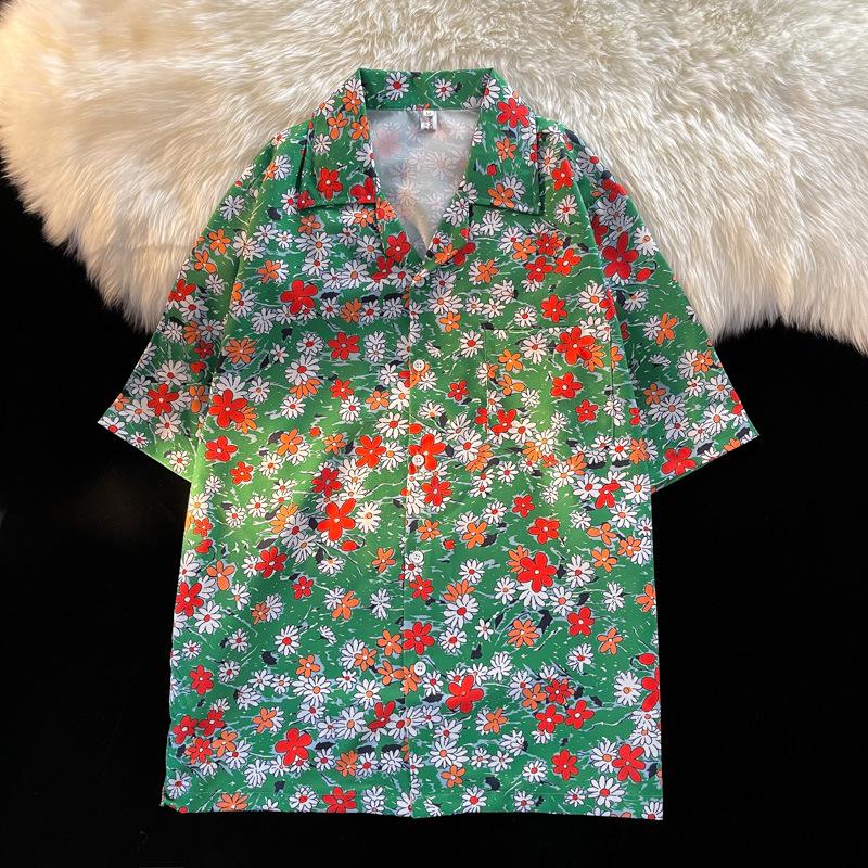 Unisex Vintage Kubakrage Blomsterskjorte - Løs passform, Hong Kong-stil, Kort erm, Perfekt for strand og par