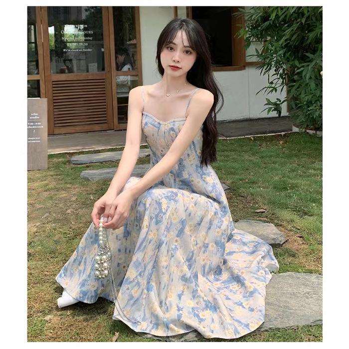 Rochie Maxi Florală Albastru Franțuzesc – Vacanță la Mare & Articole de Plajă pentru Femei