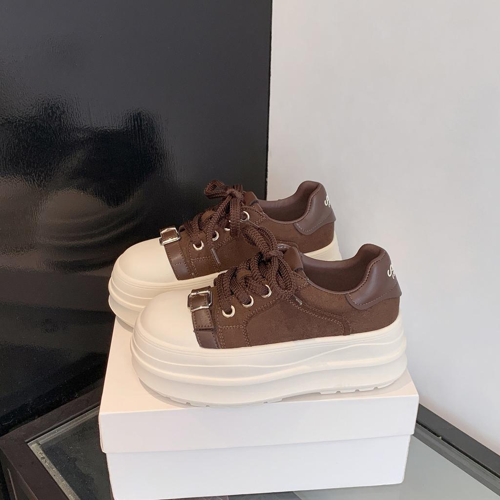 2025 Autumn New Metal Buckle Soft Leather Thick-soled Muffin Small 6cm Height Increase Casual Board Shoes Bread Shoes