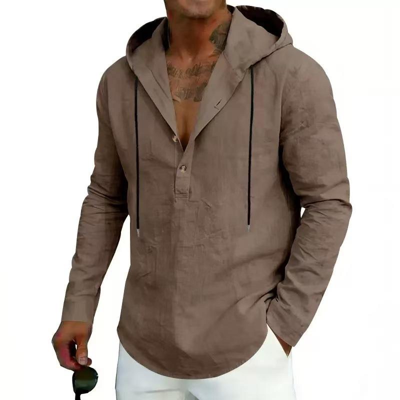 New Men’s Linen Plus-size Hooded Long-sleeved Top – Casual Plain-colour Hoodie