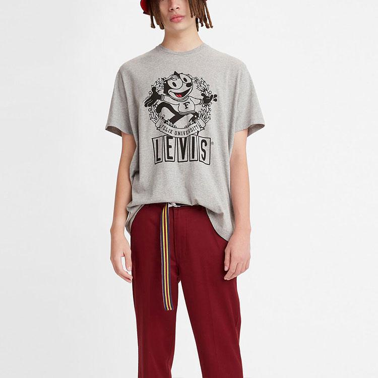 Levis X Felix The Cat Cartoon Logo Print Crew Neck T-Shirt Men Tops Gray A1313-0000
