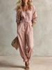 Tuta da donna con cintura, bottoni sul davanti, scollo a V, maniche lunghe, casual, vestibilità ampia, gamba affusolata