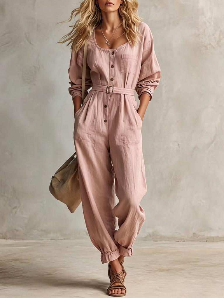 Tuta da donna con cintura, bottoni sul davanti, scollo a V, maniche lunghe, casual, vestibilità ampia, gamba affusolata
