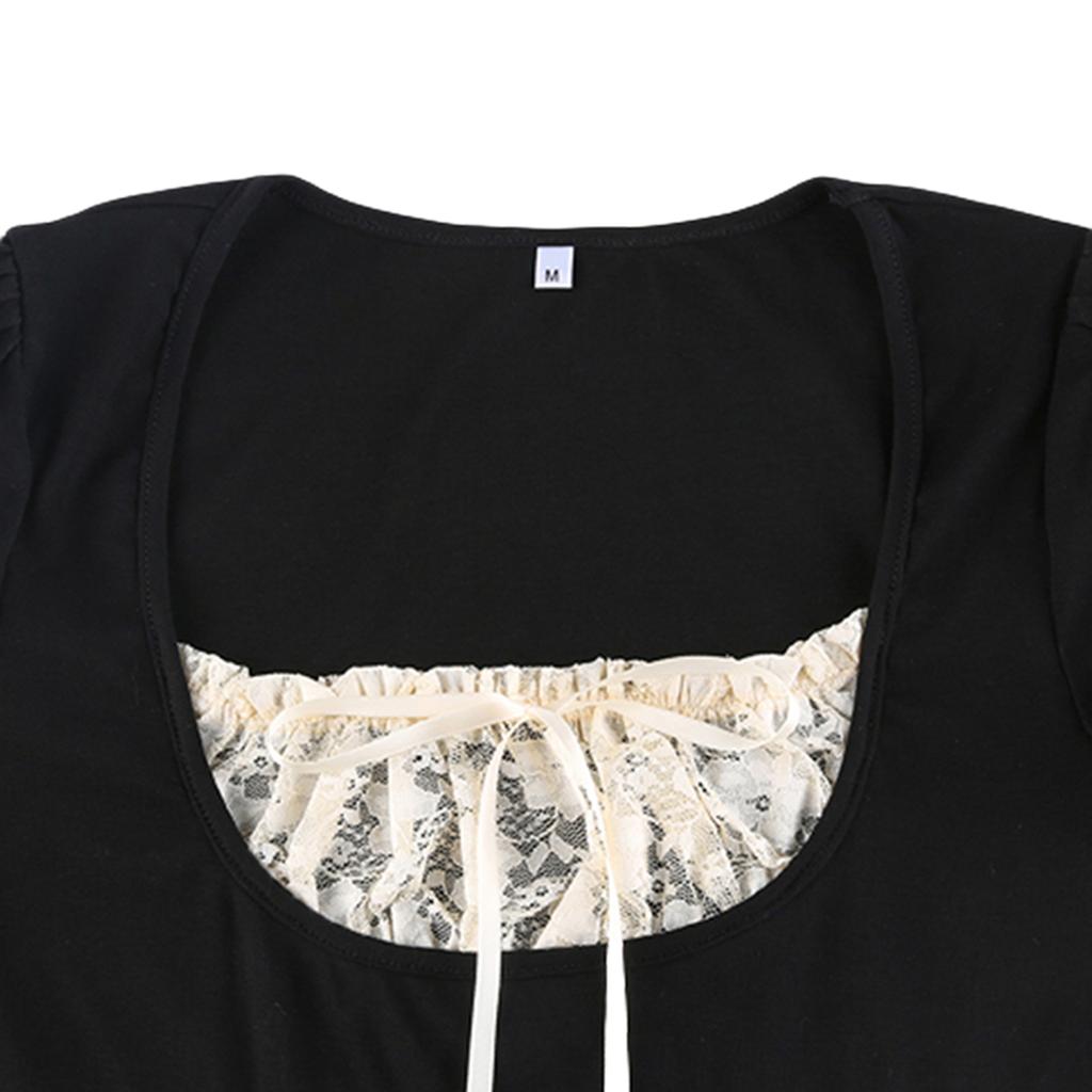 Damen Freizeitshirt, Patchwork Spitze Plissee Brust U-Ausschnitt Kurzarm T-Shirt Sommer Tee für Damen