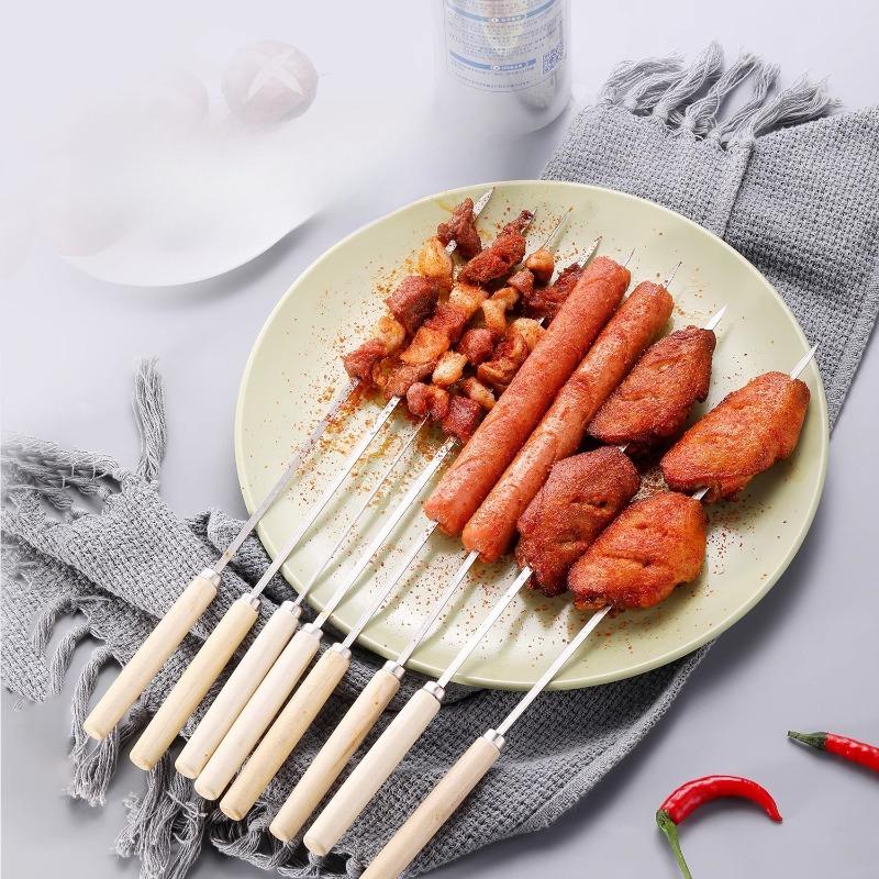 10 hitzebeständige Grillspieße mit Holzgriff, wiederverwendbare Metall-Grillspieße aus 304 Edelstahl, breite Spieße