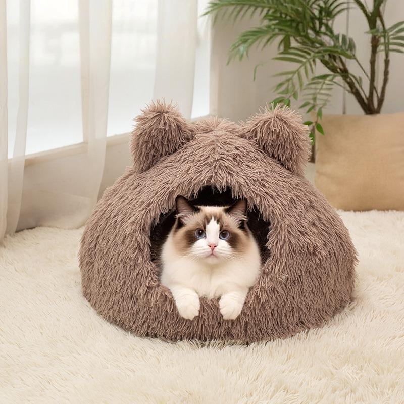 Enclosed Warm Long Plush Cat Ear Pet Bed For Cats And Dogs