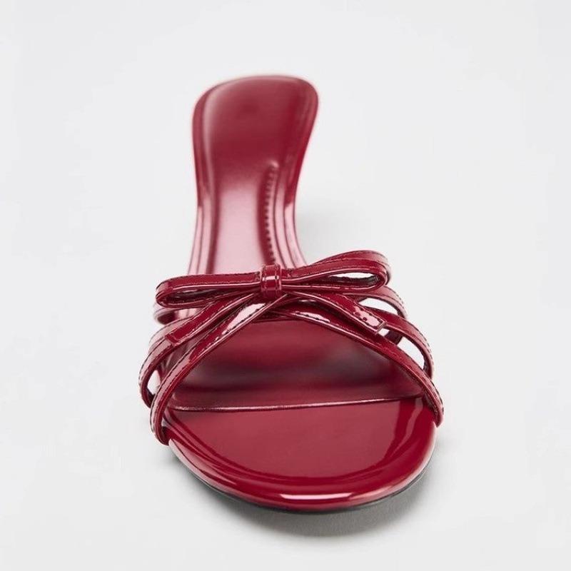 Summer New Fashion Butterfly Knot High Heel Sandals Sexy Red Patent Leather High Heel Slippers Open Toe Thin Heel Pumps Shoes