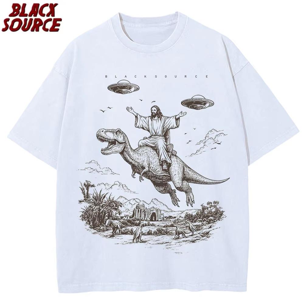 Vintage Washed Dinosaur Graphic Tee - Distressed Cartoon Print Fashion T-Shirt for Students L