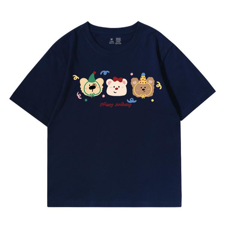 New Korean age-reducing bear print black short-sleeved t-shirt women's loose fat mm large size cotton top summer