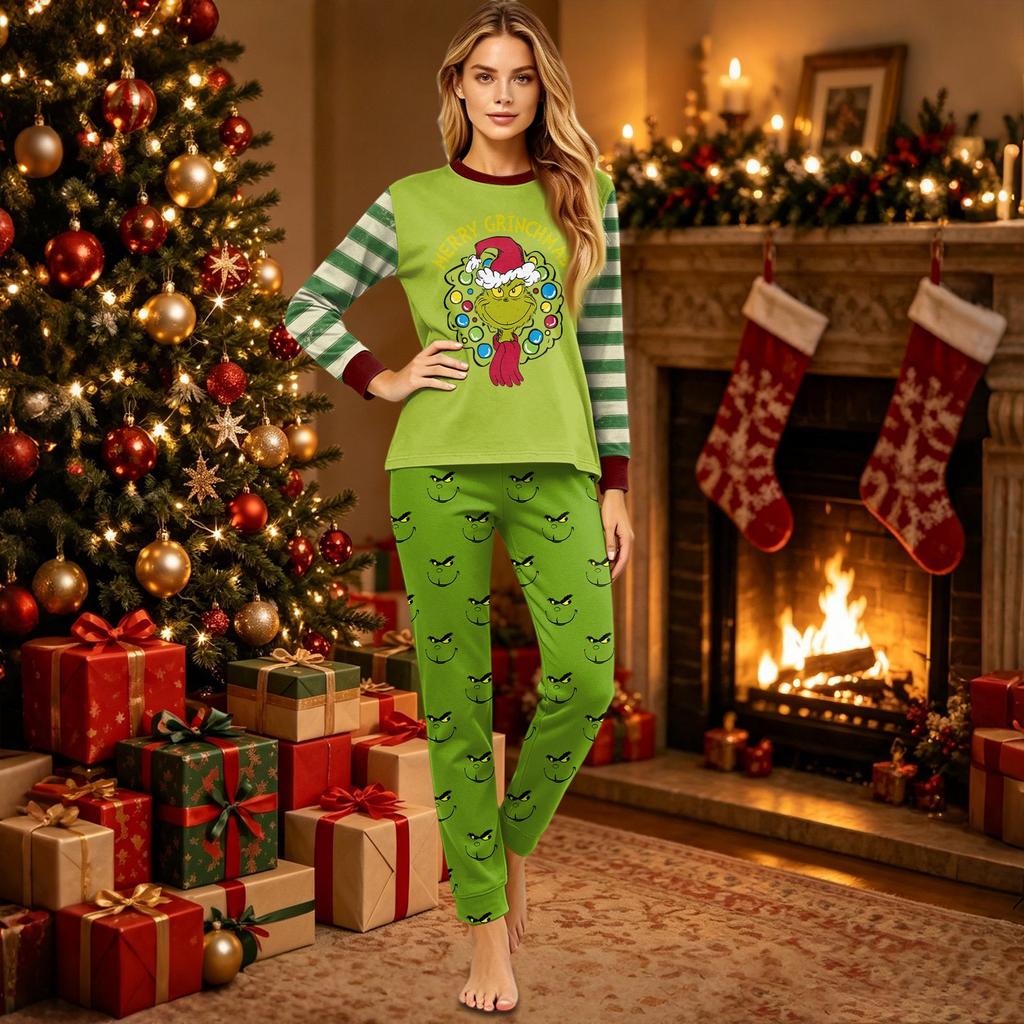 Family Matching Christmas Pajama Set with Long Sleeve Neck Top and Pants for Parents and Kids