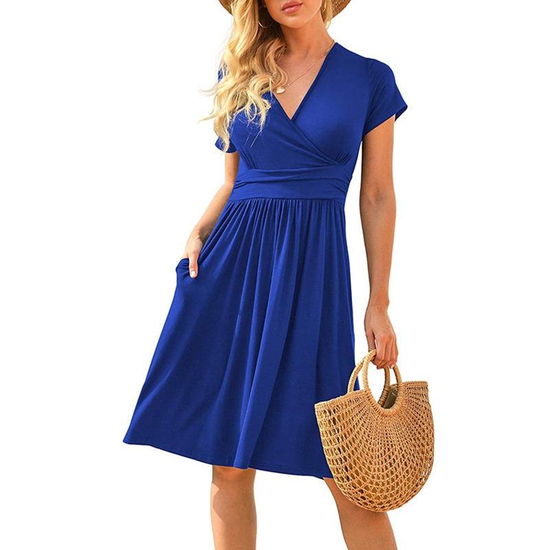 Fashionable New Women's Dress, V-neck Short-sleeved Printed Pockets, Elegant and Versatile