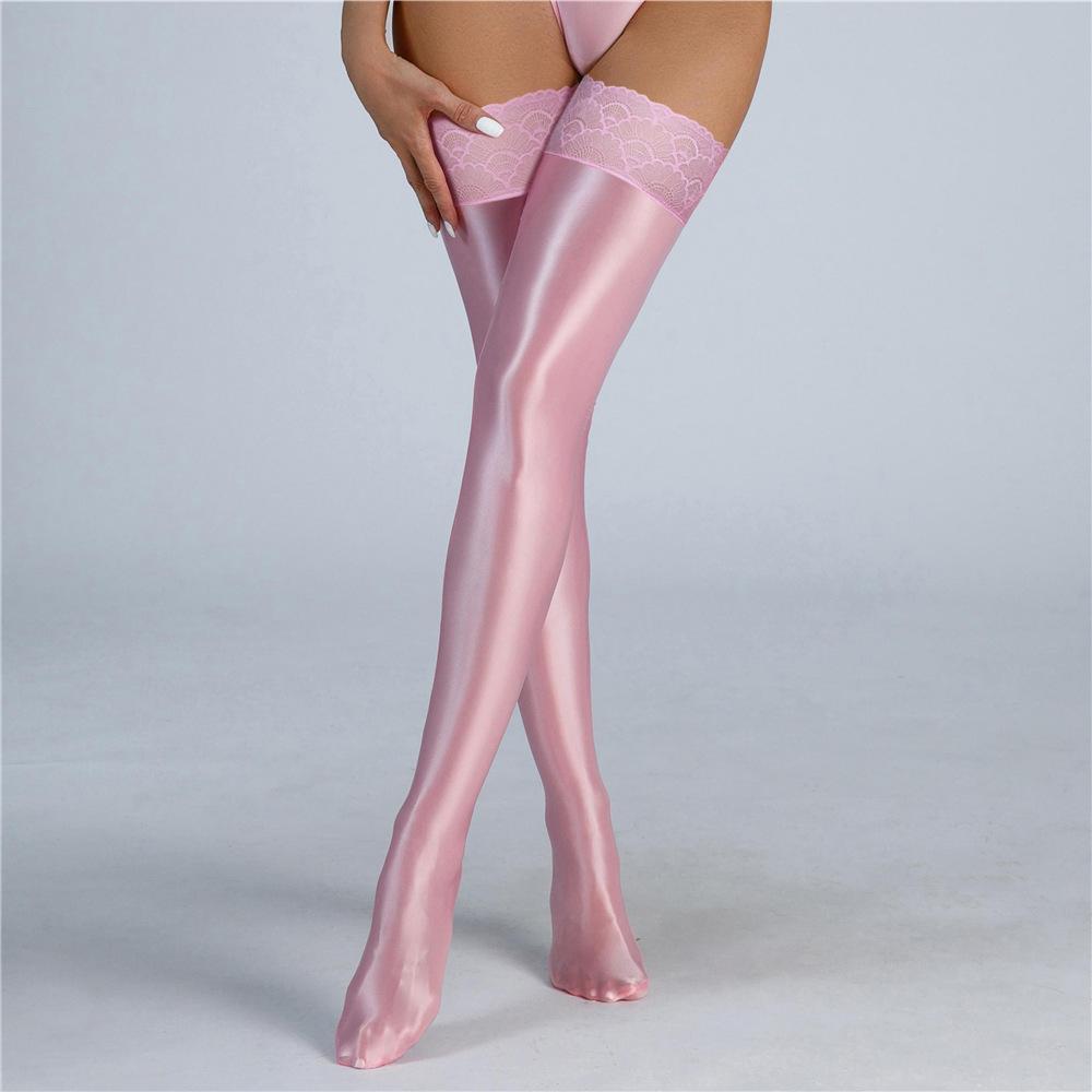 Bas Hauts Sexy pour Femmes Dentelle Satin Lisse Huileux Brillant Vintage Brillant Serrés Modelants Élastiques Lingerie Bas de Bonne Maîtresse Overknee