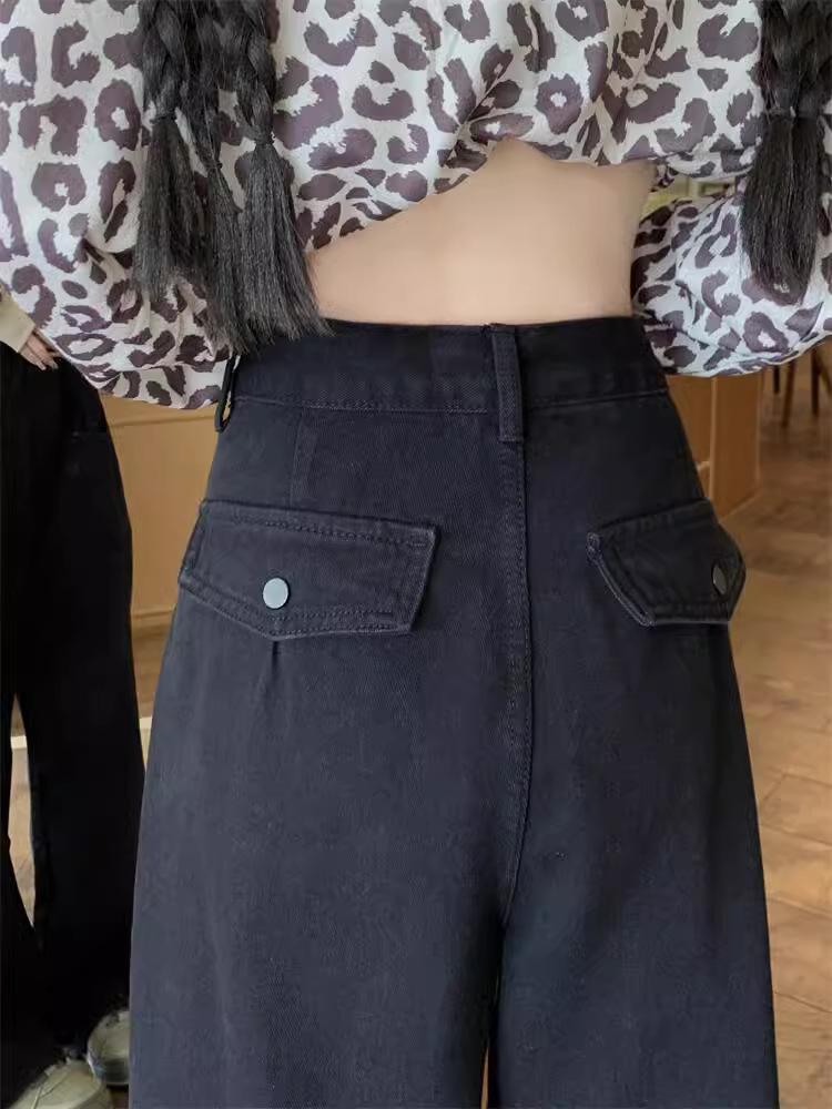 Women's Plus Size Black A-line Wide-Leg Jeans - Autumn/Winter Slimming Loose Fit for Pear-Shaped Figures