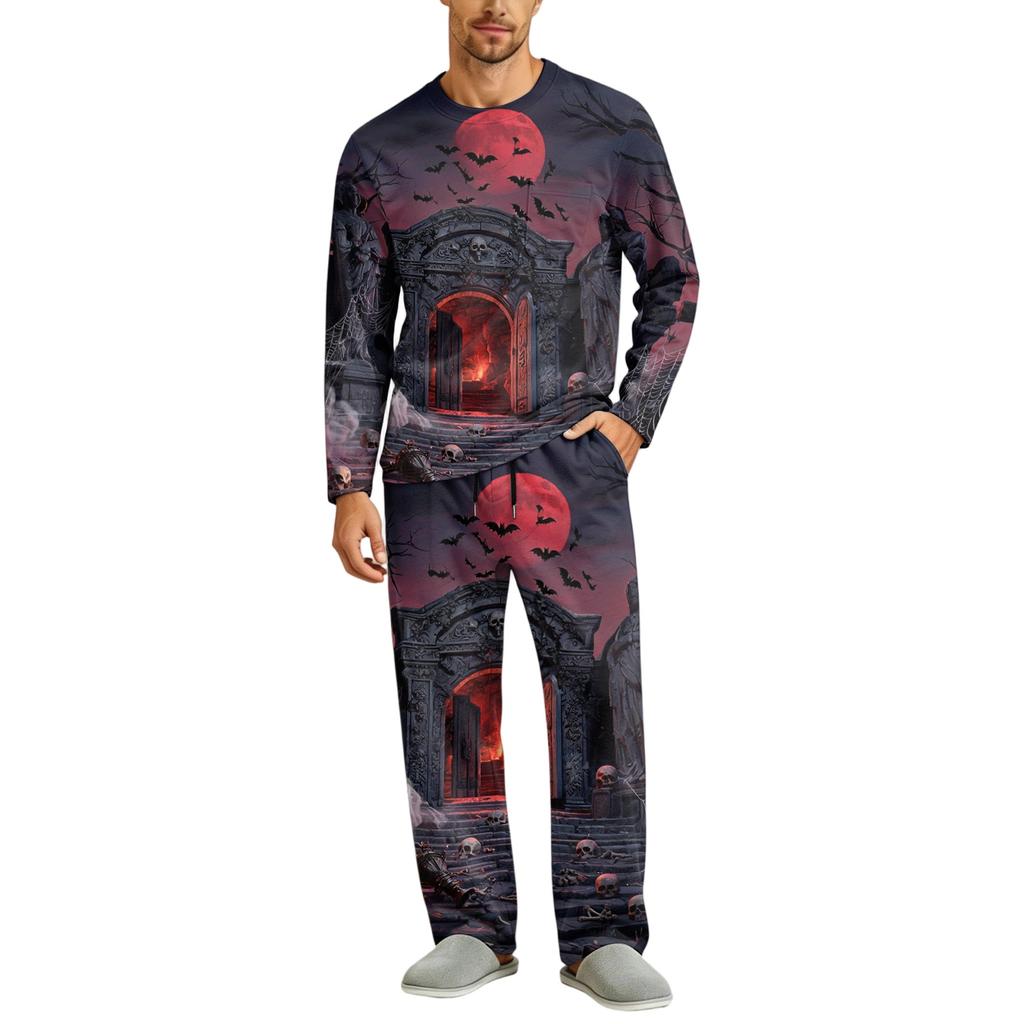 Men's Halloween Pajama Set Long Sleeve with Buttoned Crotch and Elastic Drawstring Waist Sleepwear