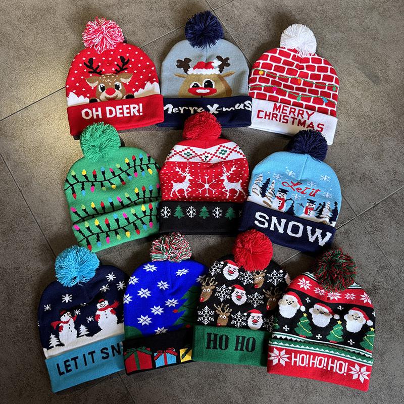 Cute Elk Snowman Santa Claus Pattern Christmas Theme Warm Knitted Hat Winter For