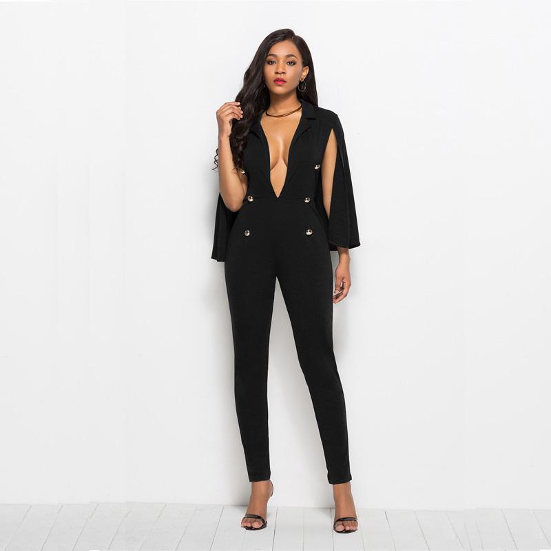 Buy Women's Fashion Jumpsuit Deep V-neck Solid Color Cape Jumpsuit