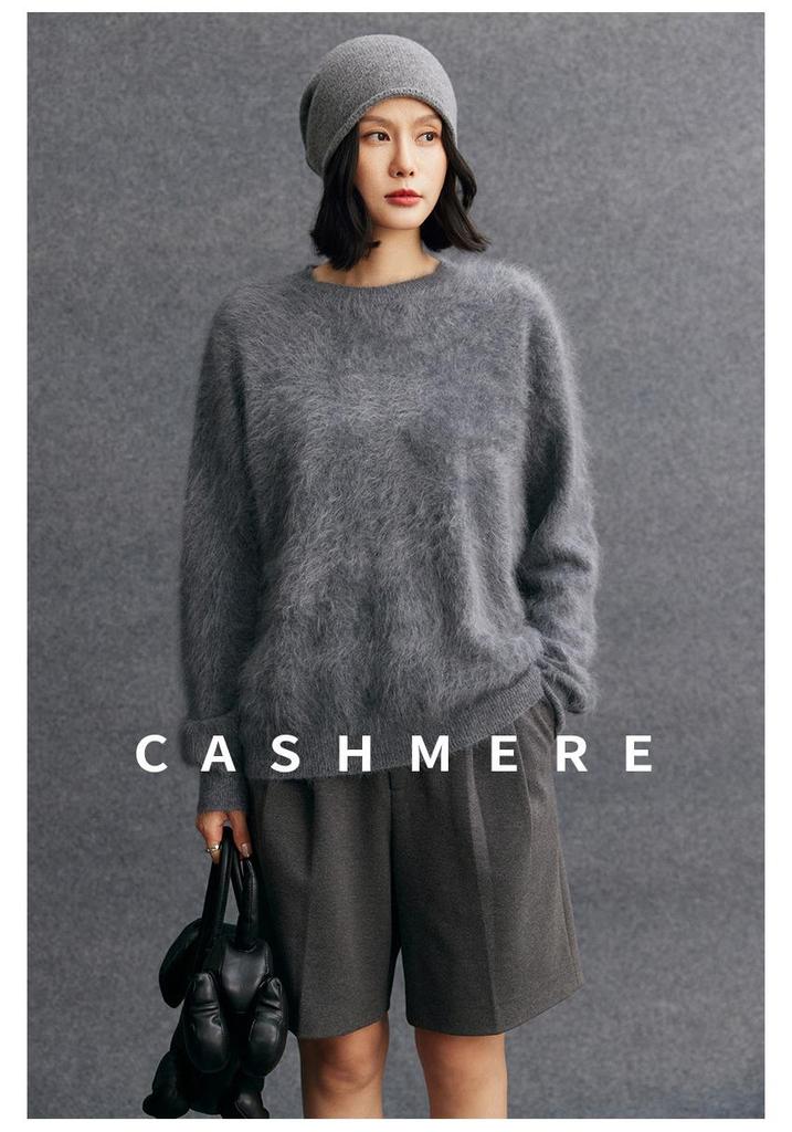 Cashmere Women's Round Neck Brushed Knit Sweater - 2025 Autumn/Winter Collection.
