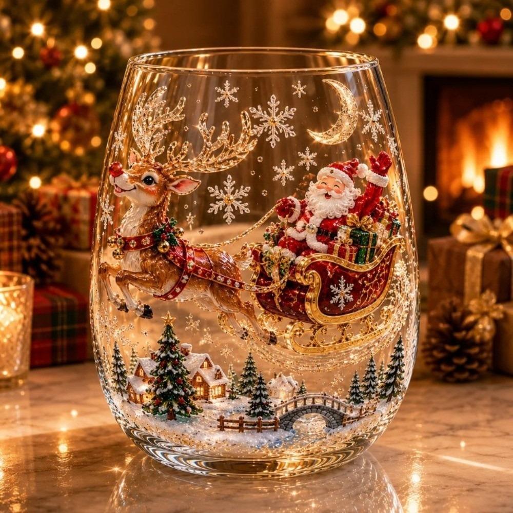 3D Embossed Christmas Wine Glass Reindeer Santa Claus Xmas Glass Cup Tree Snowman Raised Glassware Holiday Table Decor