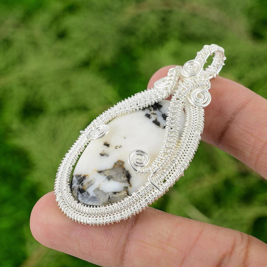 Zebra Jasper Stone 925 Sterling Silver Wire Wrap Art Deco Sister Pendant Jewelry