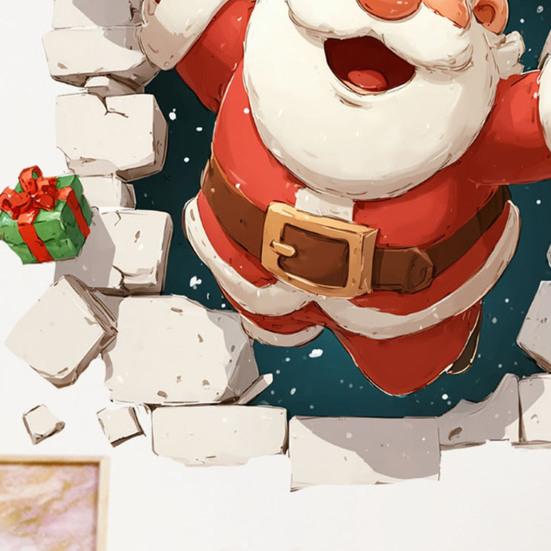 Christmas Party Supplies 3D Santa Claus Wall Decals, Break Through Reindeer Seasonal Art Window Stickers, Removable Winter Holiday Decorations