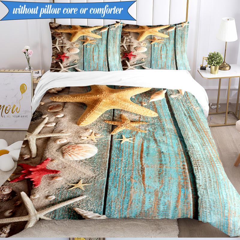 3PCS Ocean Starfish Shells Bedding Set,Including 1pc Duvet Cover And 2pcs Pillowcases Perfect for Bedroom, Dormitory, Fan Christmas gift