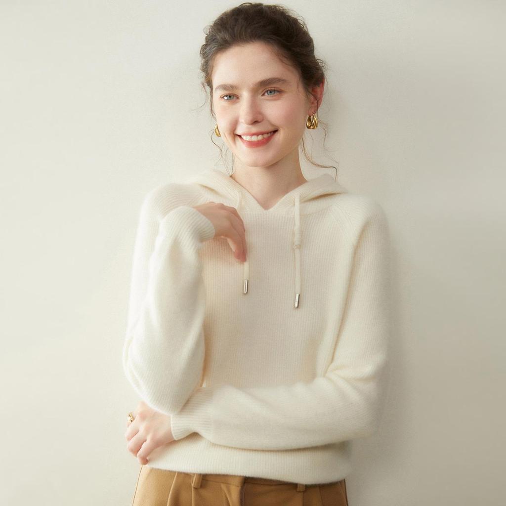 Women's Cashmere Hooded Ribbed Pullover - Autumn/Winter Fashion Knitwear