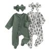 Citgeett Autumn Infant Baby Girls Outfit Long Sleeve Solid Flower Footies Jumpsuit Headband Fall Clothes