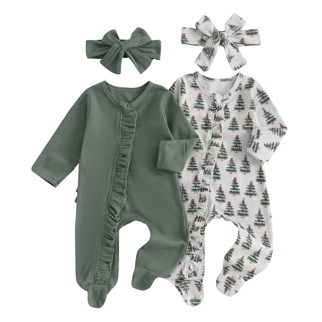 Citgeett Autumn Infant Baby Girls Outfit Long Sleeve Solid Flower Footies Jumpsuit Headband Fall Clothes