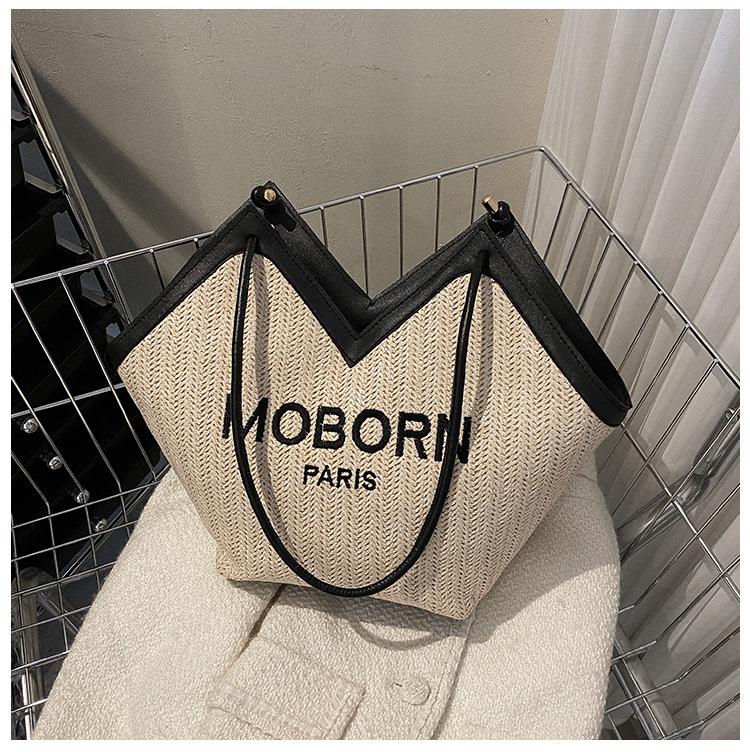 2025 Snygg Strandväska i Halm för Resor för Kvinnor: Mångsidig flätad axelväska