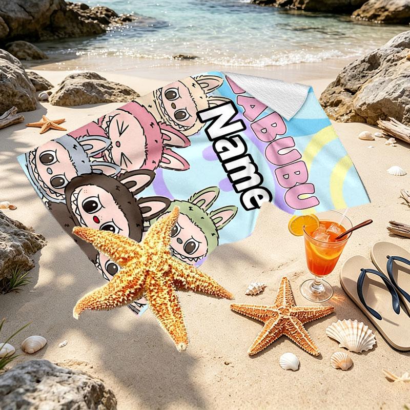 Custom Name Personalized Labubu Print Beach Towel, for Trip Camping Beach Party Home Decor, Birthday Gift for Family & Friends