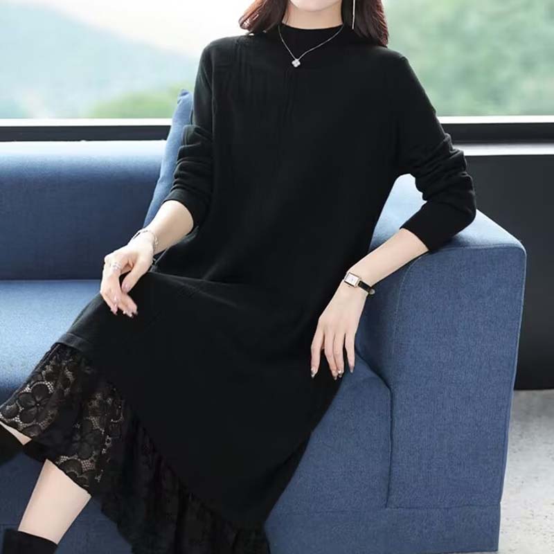 

Сукня для жінки Бавовна Зима Вінтажний Повсякденний Мереживо До коліна Довгий Стрейч Підкладка Сукні-светри XXXL чорний