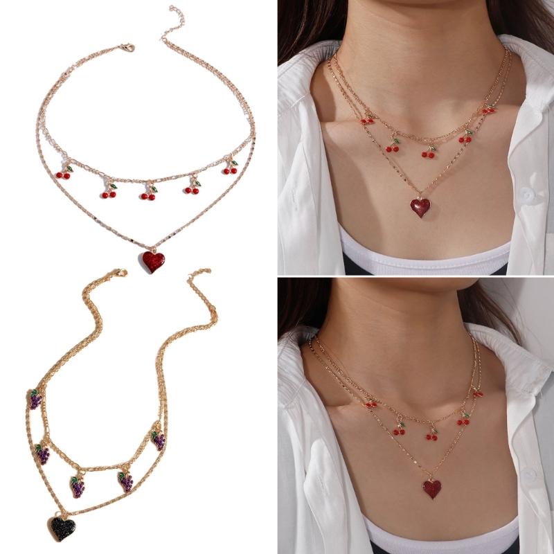 Trendy INS Style Neck Chain Jewelry Sweet Cool Double Layer Necklace with Lovely Cherry/Grape and Heart Pendant Charm