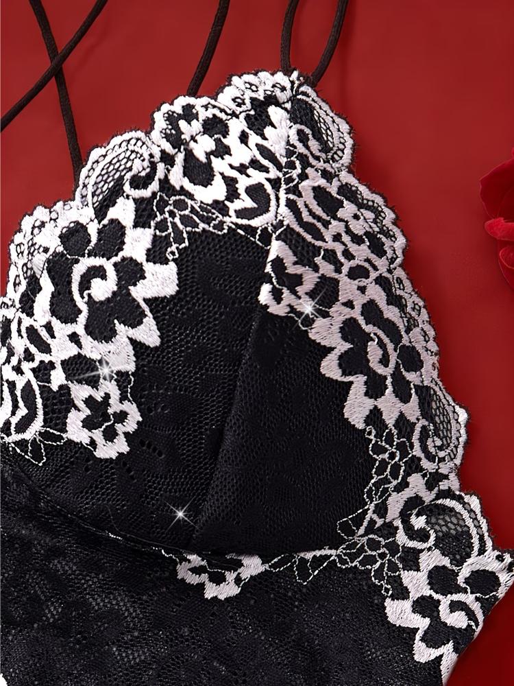 Two-tone Floral Lace Bra Set, V-neck Body-hugging Hallow-out Camisole Top and Panties, Women's Daily Comfortable Lingerie