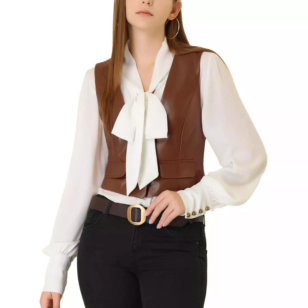 AL KHALID Party Brown Leather Stylish Button Vest Coat Waist Coat Lambskin Western Women
