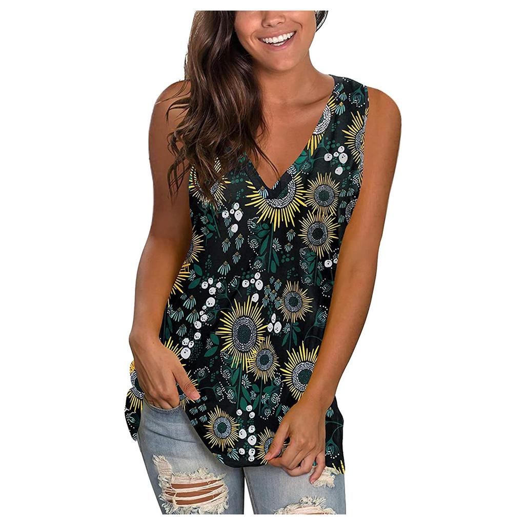 Women's Casual V-Neck Off Shoulder Sleeveless Loose Floral Printed T-Shirt Top