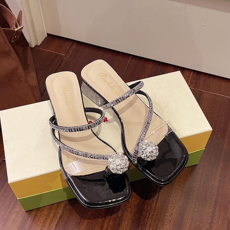 Summer new 2025 crystal sandals with skirt wear high-heeled thick-heeled women's rhinestone cool slippers