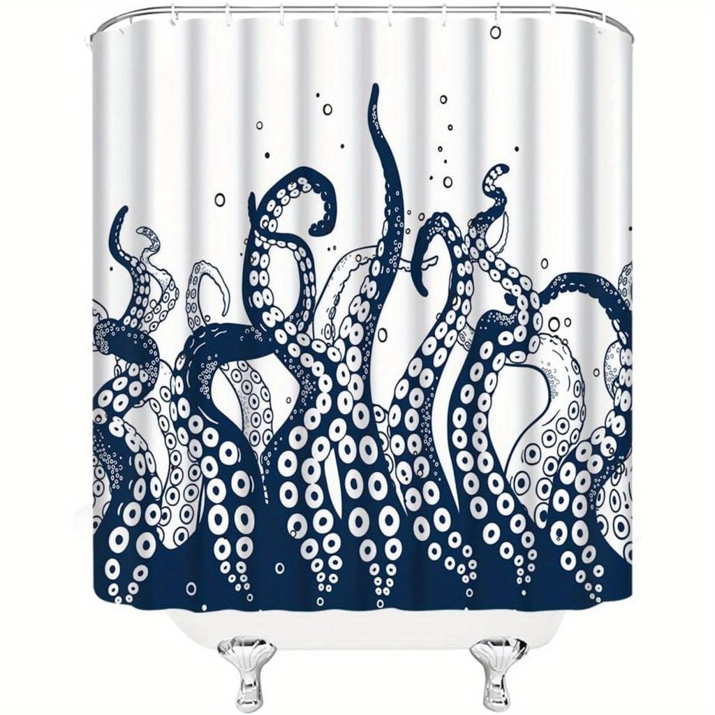 Navy Blue Octopus Shower Curtain - Kraken Sea Creature Design, Durable Polyester with Hooks for Nautical Bath Decor