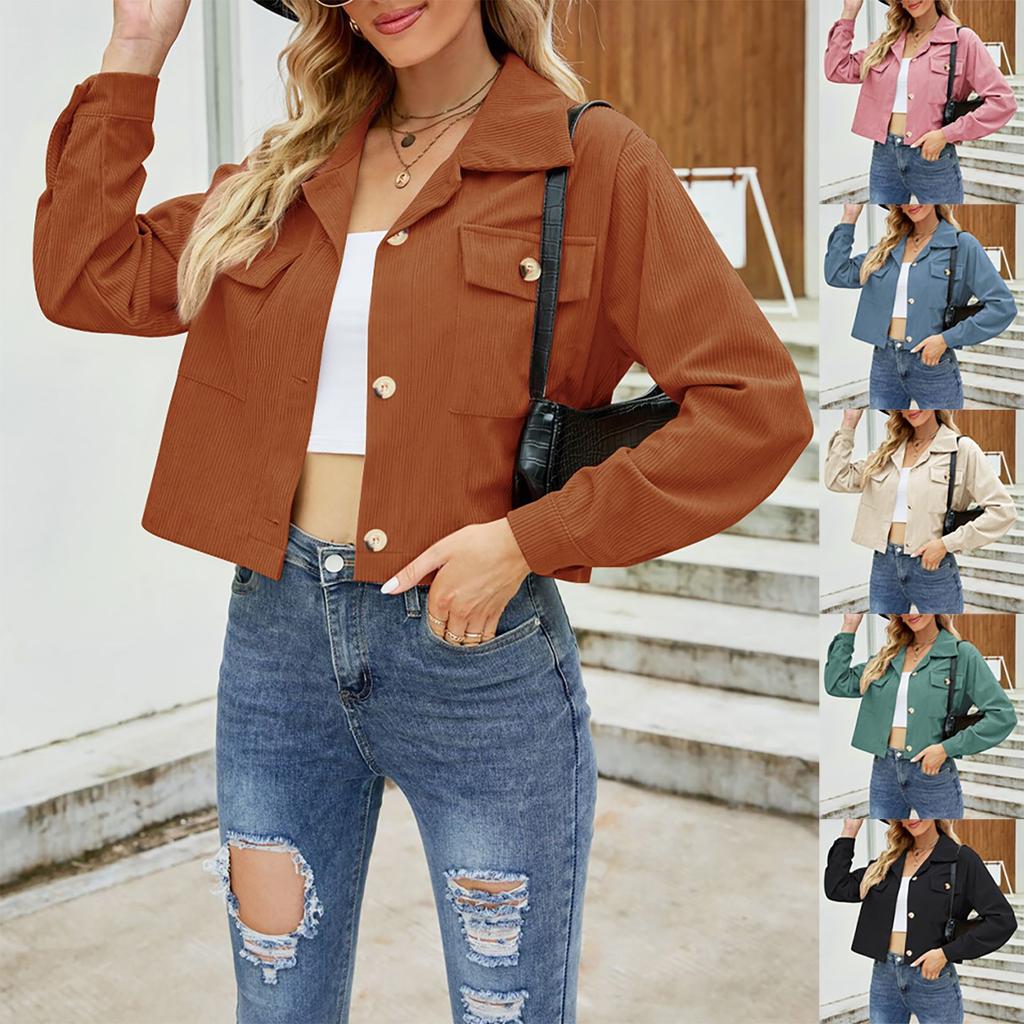 Женская мода, однотонная укороченная женская куртка, вельветовая куртка ...
