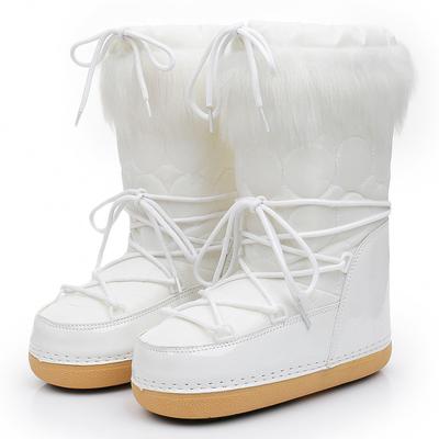 Damen Flauschige Fellige Fuzzy Kunstfell Stiefel Winter Schneestiefel Damen Stiefel Schnürung Mittlere Wade Plateau Skistiefel