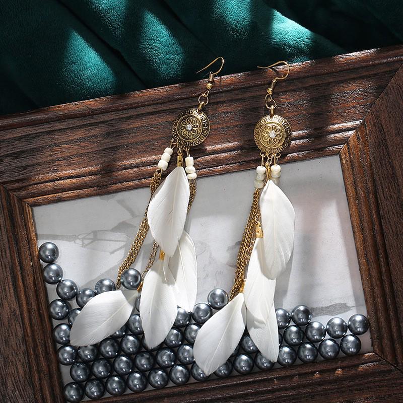 Bohemian Faux Silver Feather Tassel Mosquito Coil Earrings: Summer Retro Ethnic Ear Jewelry