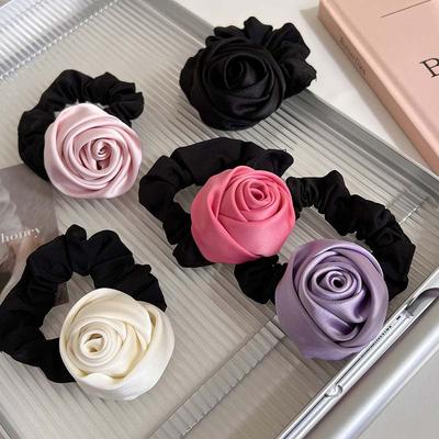 Korean Pink Rose Satin Flower Elastic Hair Bands Hair Scrunchies For Women Elegant Big Flower Hair Rubber Bands Hair Accessories