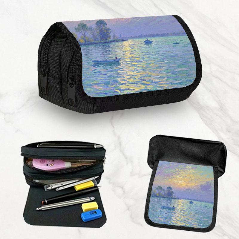 Large Capacity Monet-Inspired Impressionist Watercolor Pencil Case - Flip-Top Pencil Box & Makeup Organizer with Monet Blue Art Design, School/College