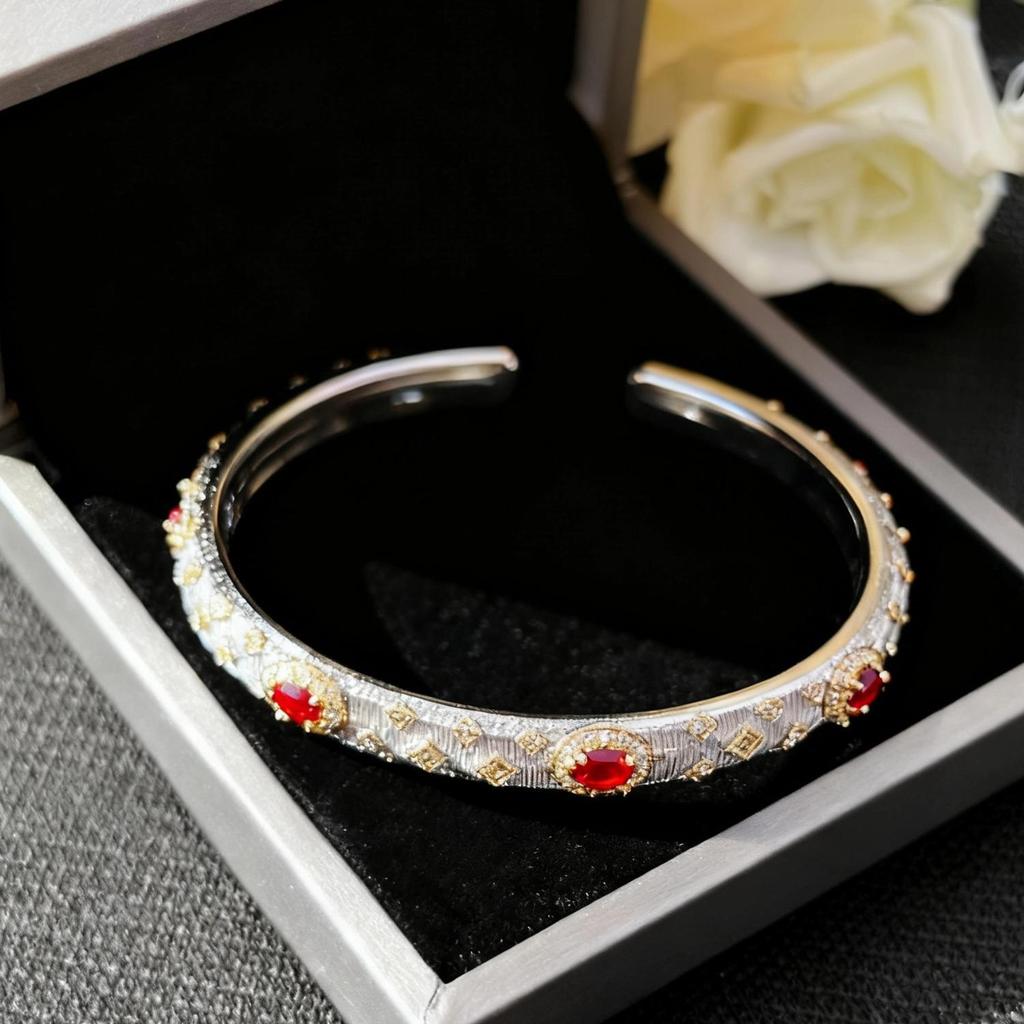 Meiji Two-Tone Italian Retro Bracelet with Rhinestones and Brushed Emerald Court Style