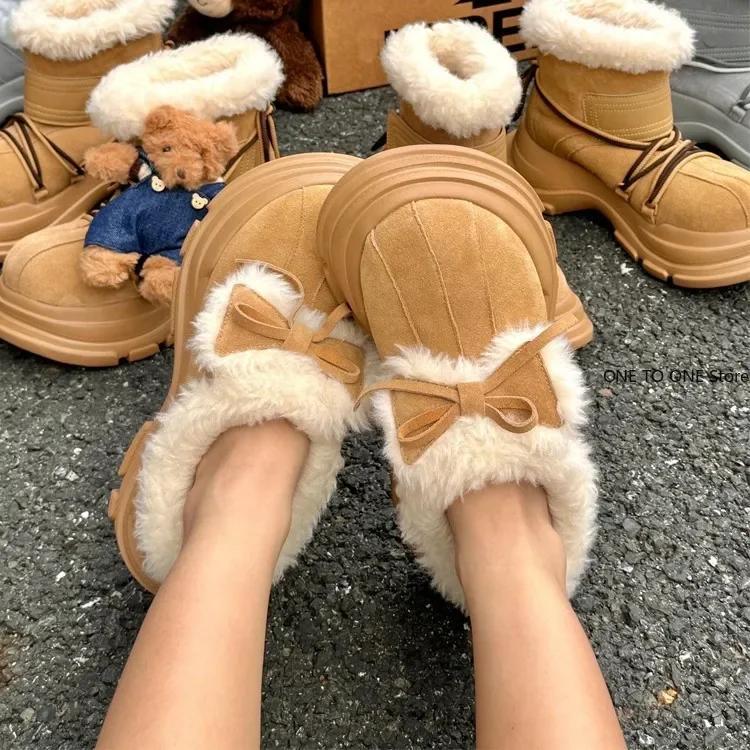 Fashion Platform Women Bow Snow Boots Fur Slippers 2025 Winter Suede Shoes Short Plush Warm Flip Flops Ankle Shoes Women Chelsea Boots