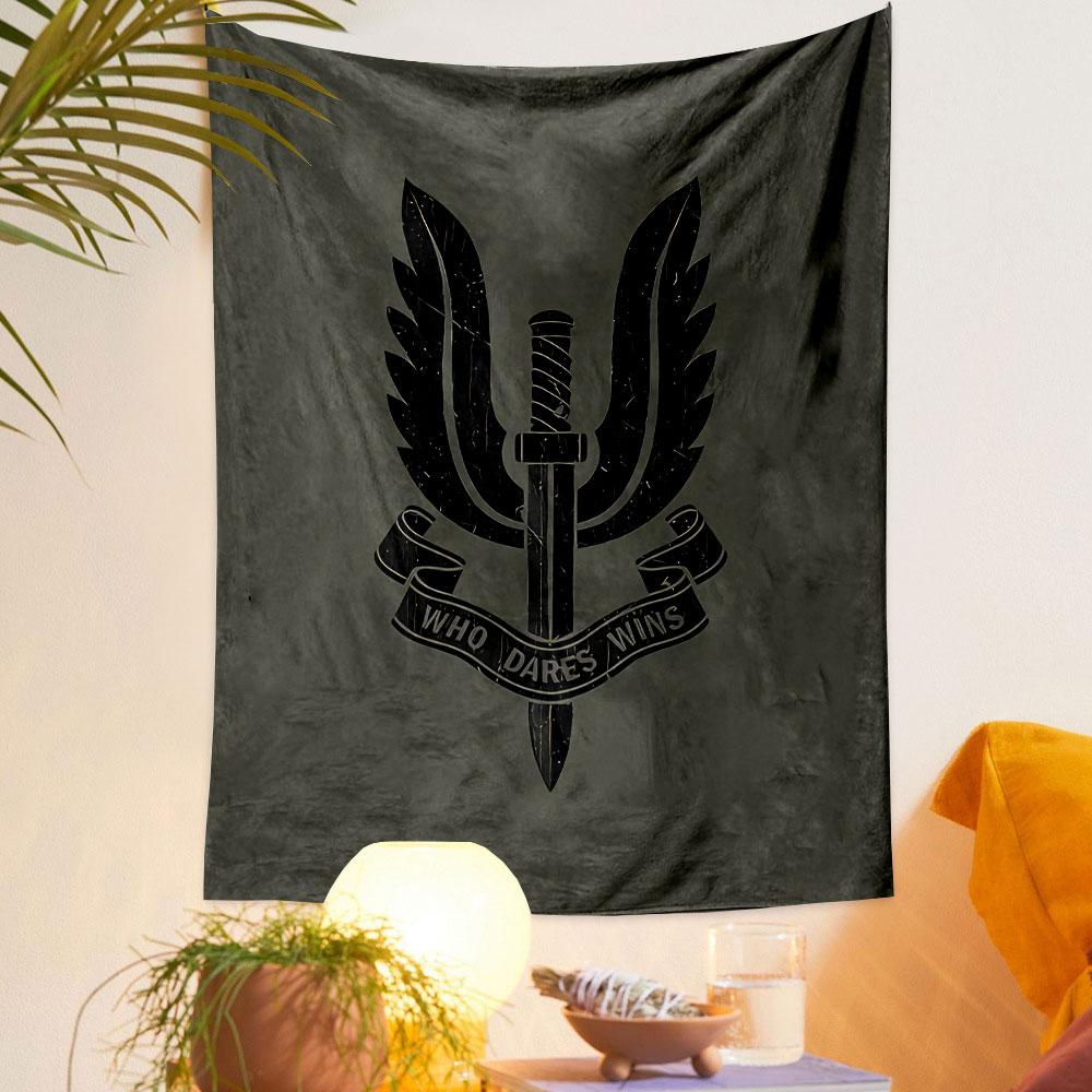 Who Dares Wins SAS Emblem Tapestry Wall Hanging, Special Forces Badge Art, Military Wall Decor for Bedroom Living Room Man Cave